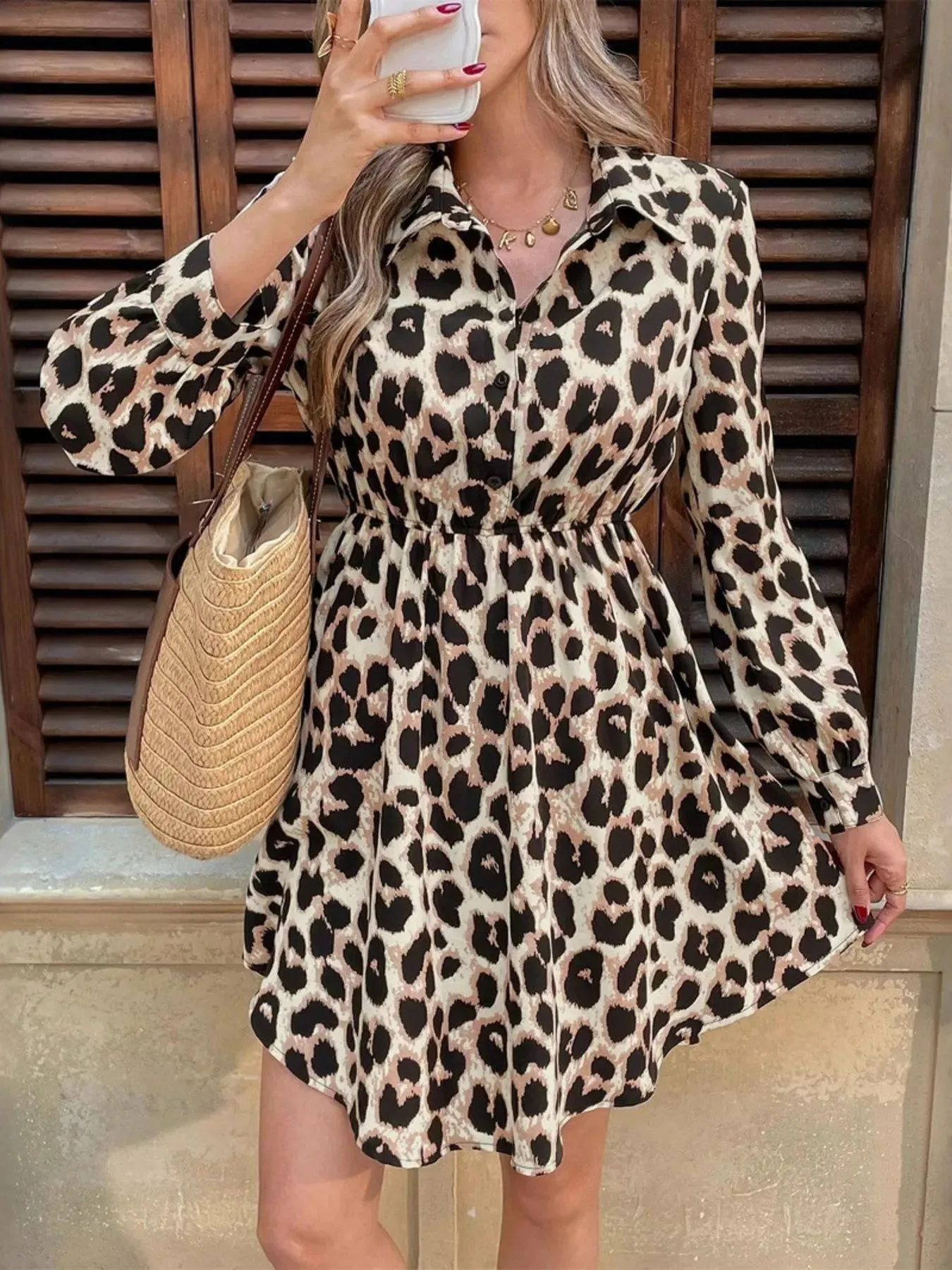 Leopard Print Long Sleeve Shirt Dress sold by Charming Charlie product image thumbnail 3