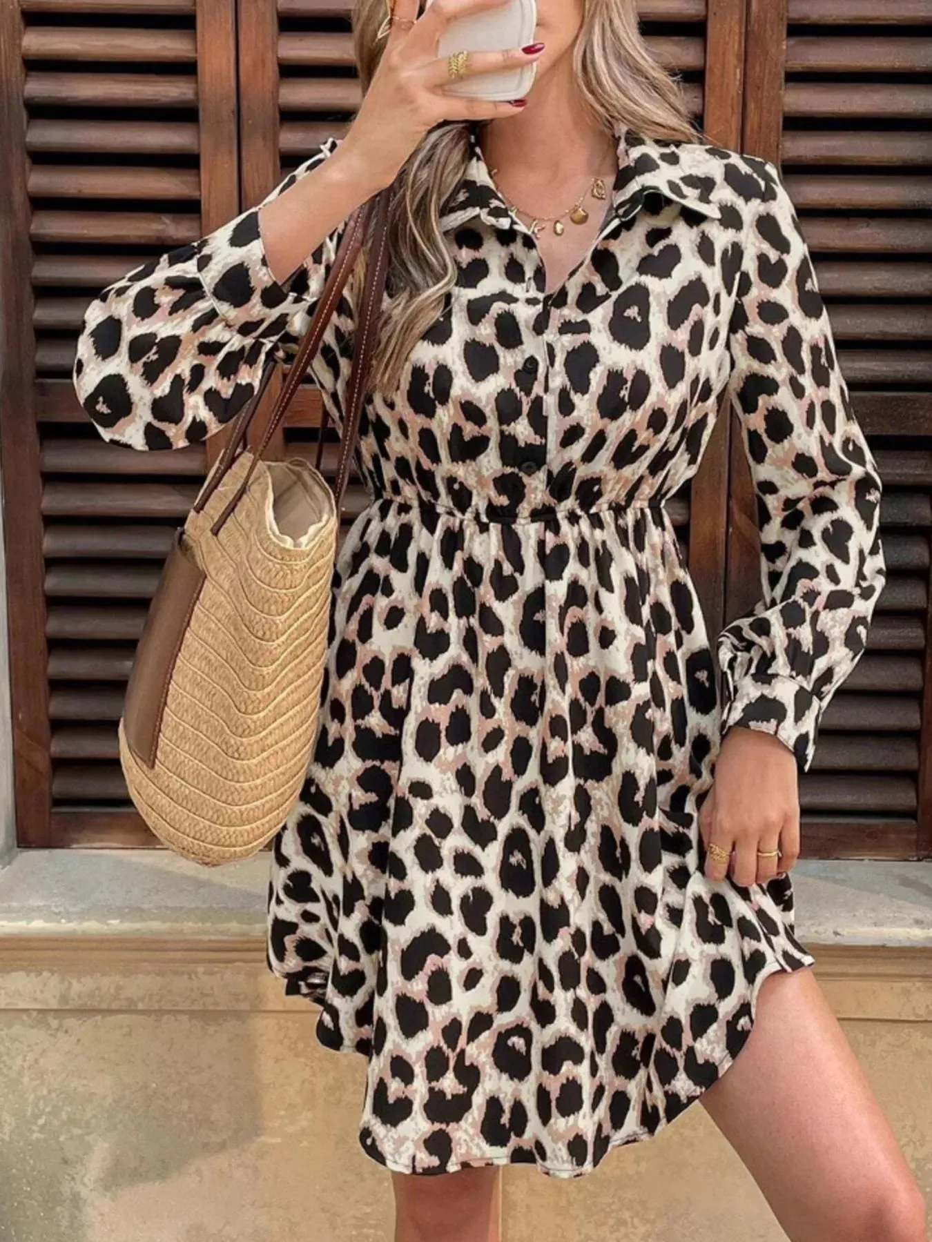 Leopard Print Long Sleeve Shirt Dress sold by Charming Charlie