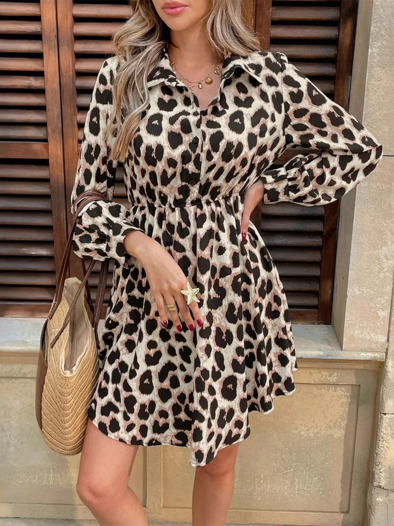 Leopard Print Long Sleeve Shirt Dress sold by Charming Charlie product image thumbnail 2