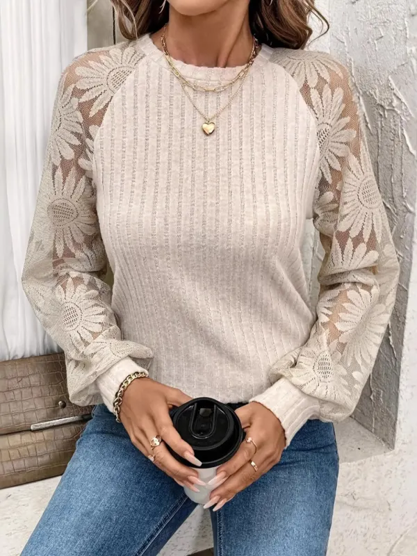 Ribbed Sheer Lace Sleeve Top sold by Charming Charlie