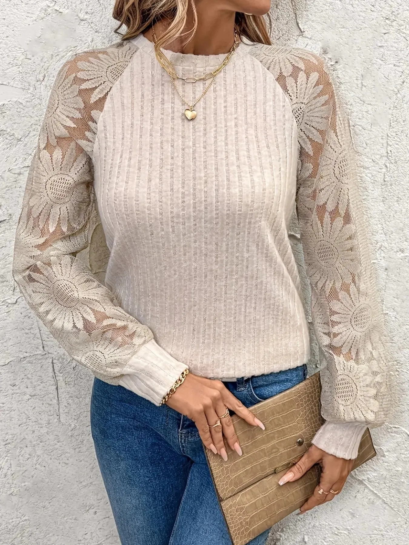 Ribbed Sheer Lace Sleeve Top sold by Charming Charlie product image thumbnail 2