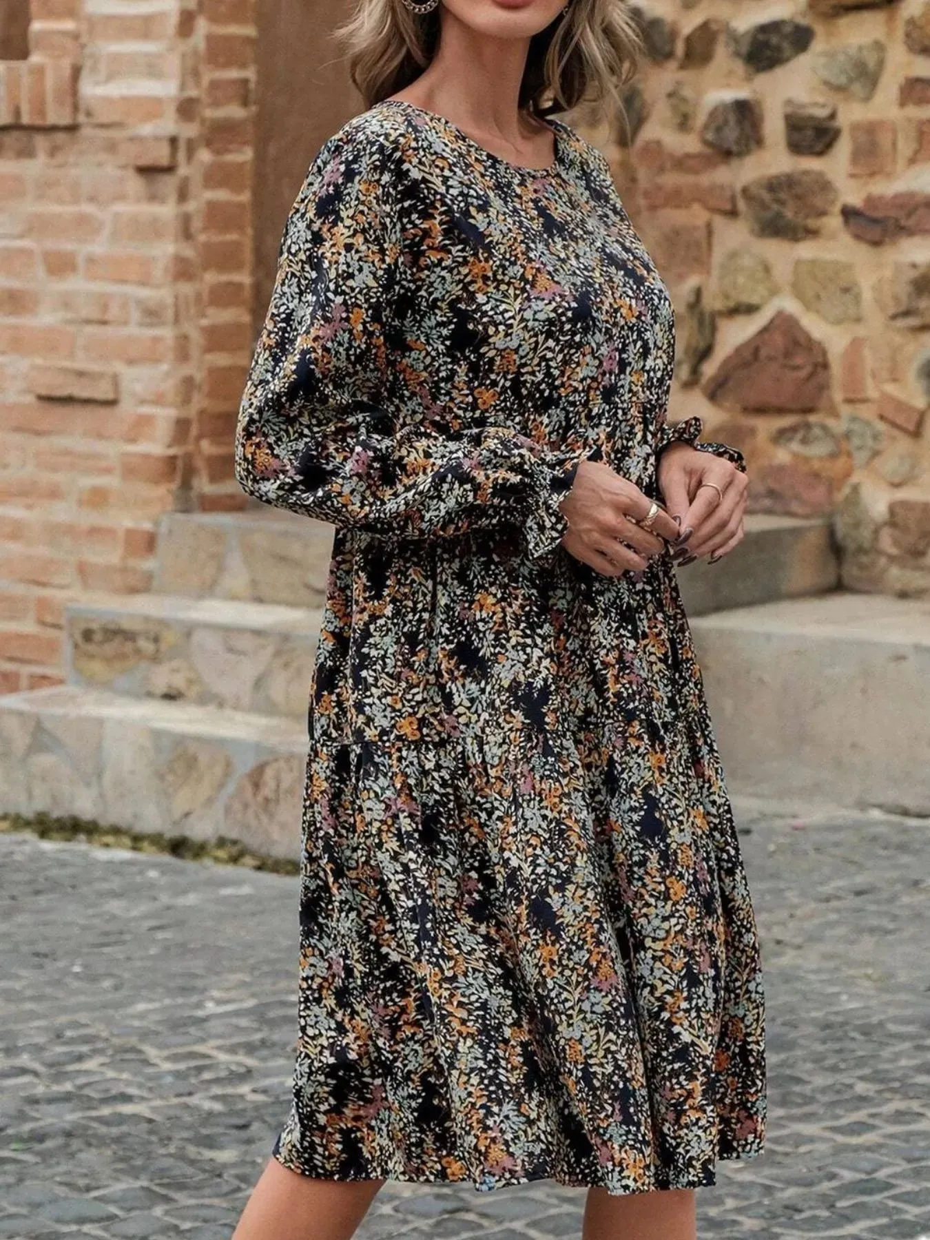 Printed Round Neck Flounce Sleeve Dress sold by Charming Charlie product image thumbnail 2