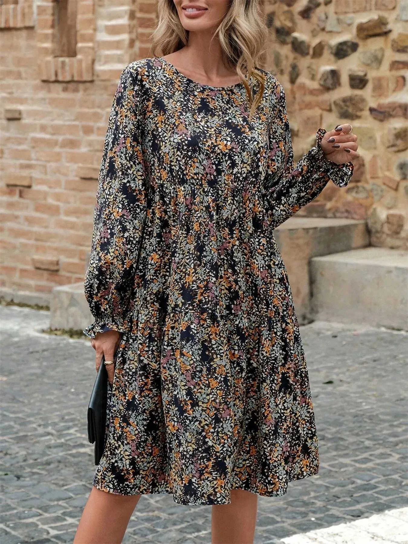 Printed Round Neck Flounce Sleeve Dress sold by Charming Charlie
