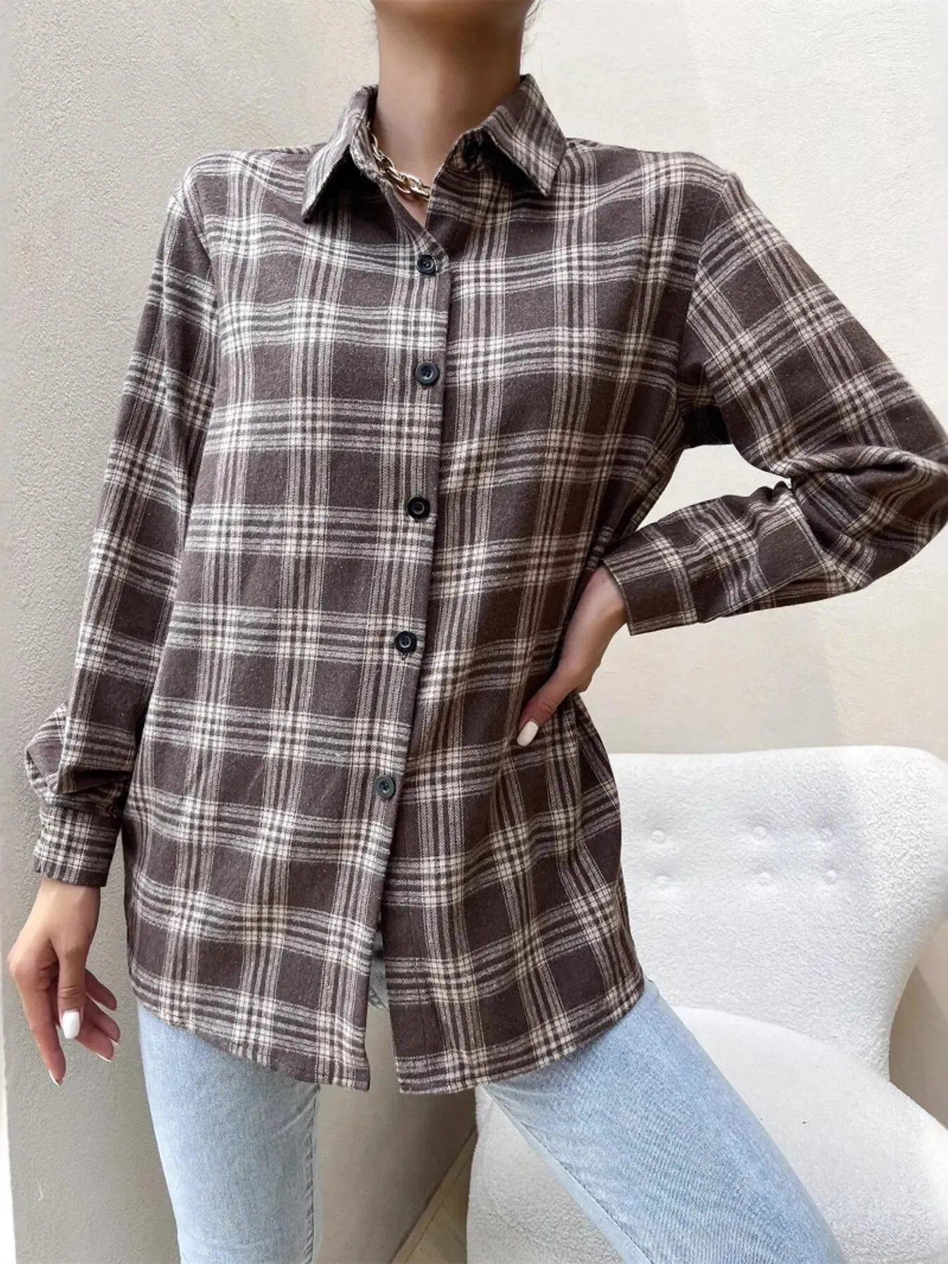 Oversized Plaid Button-Up Shirt sold by Charming Charlie product image thumbnail 4