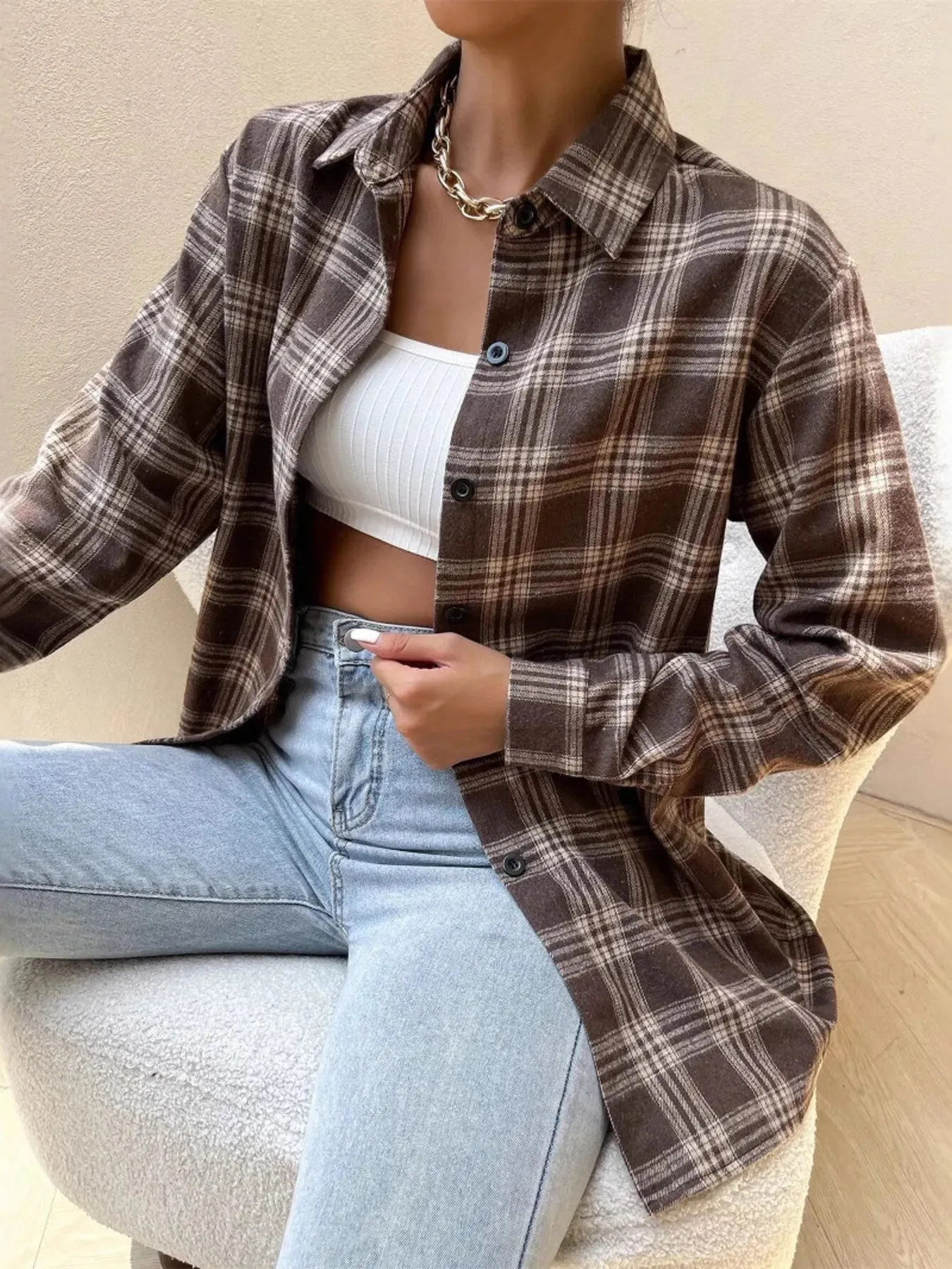 Oversized Plaid Button-Up Shirt sold by Charming Charlie
