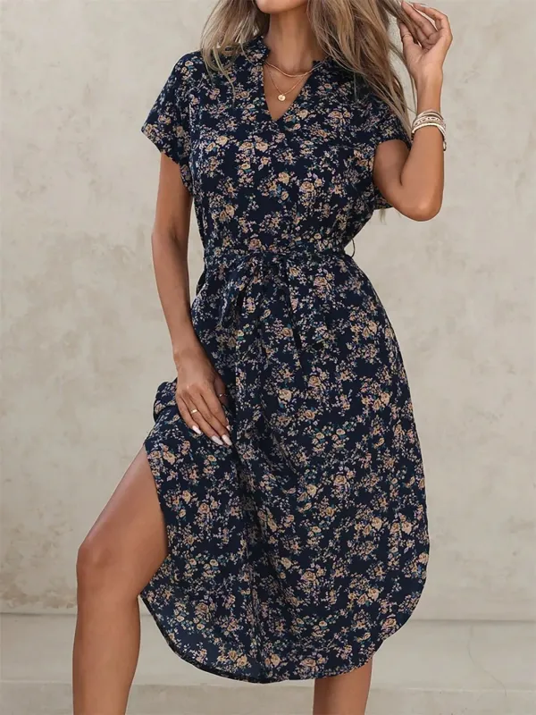 Printed Notched Tie Waist Dress sold by Charming Charlie