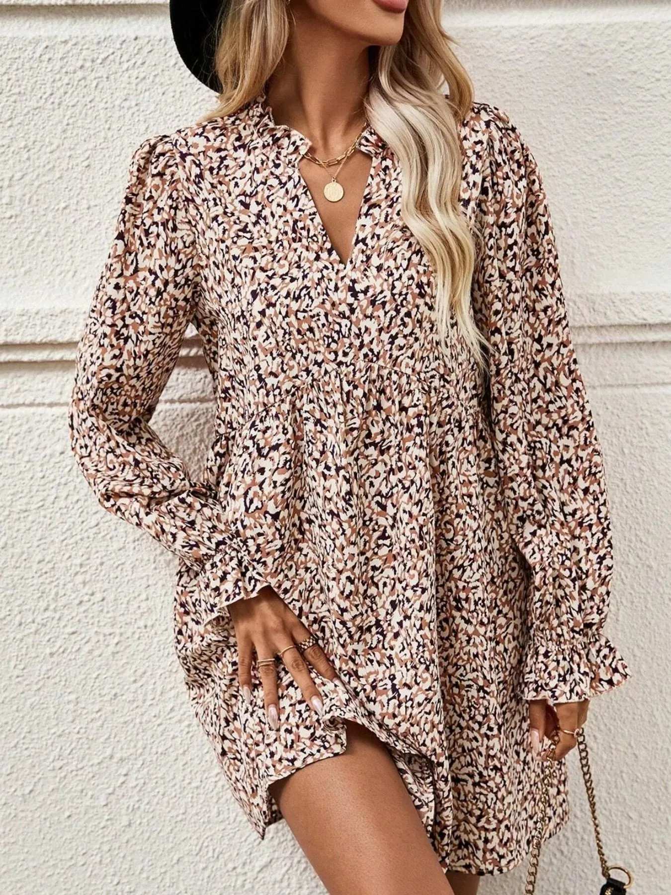 Printed Notched Flounce Sleeve Dress sold by Charming Charlie