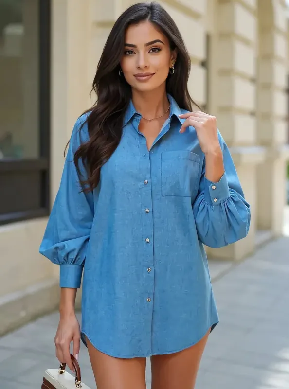 Button Up Lantern Sleeve Oversized Shirt sold by Charming Charlie