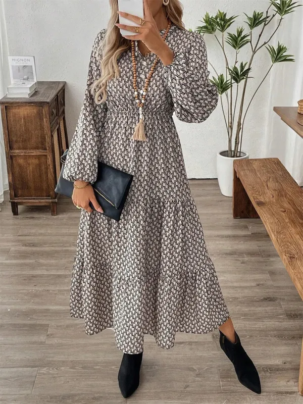 Tiered Printed Notched Long Sleeve Dress sold by Charming Charlie