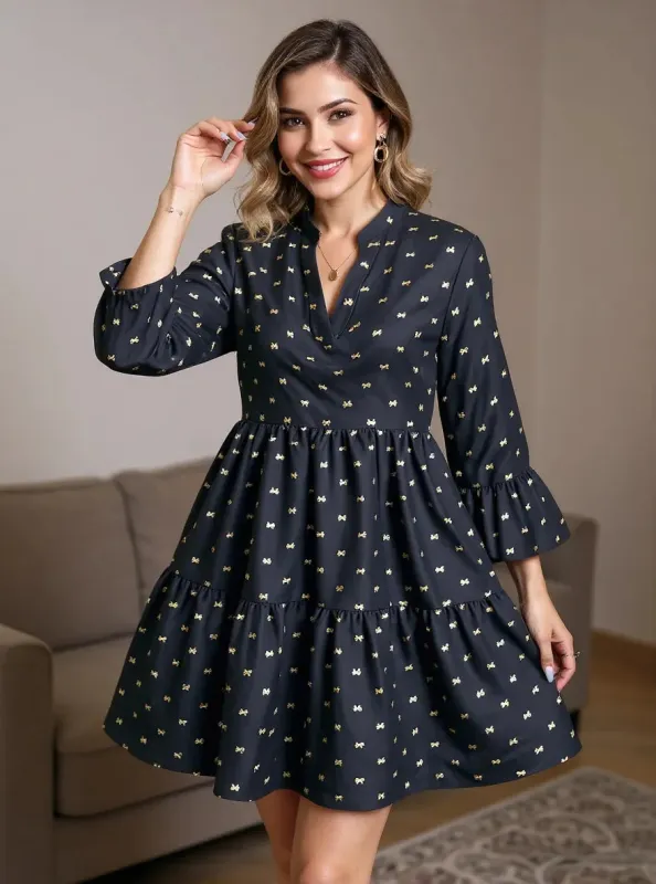 Bow Notched Long Sleeve Dress sold by Charming Charlie