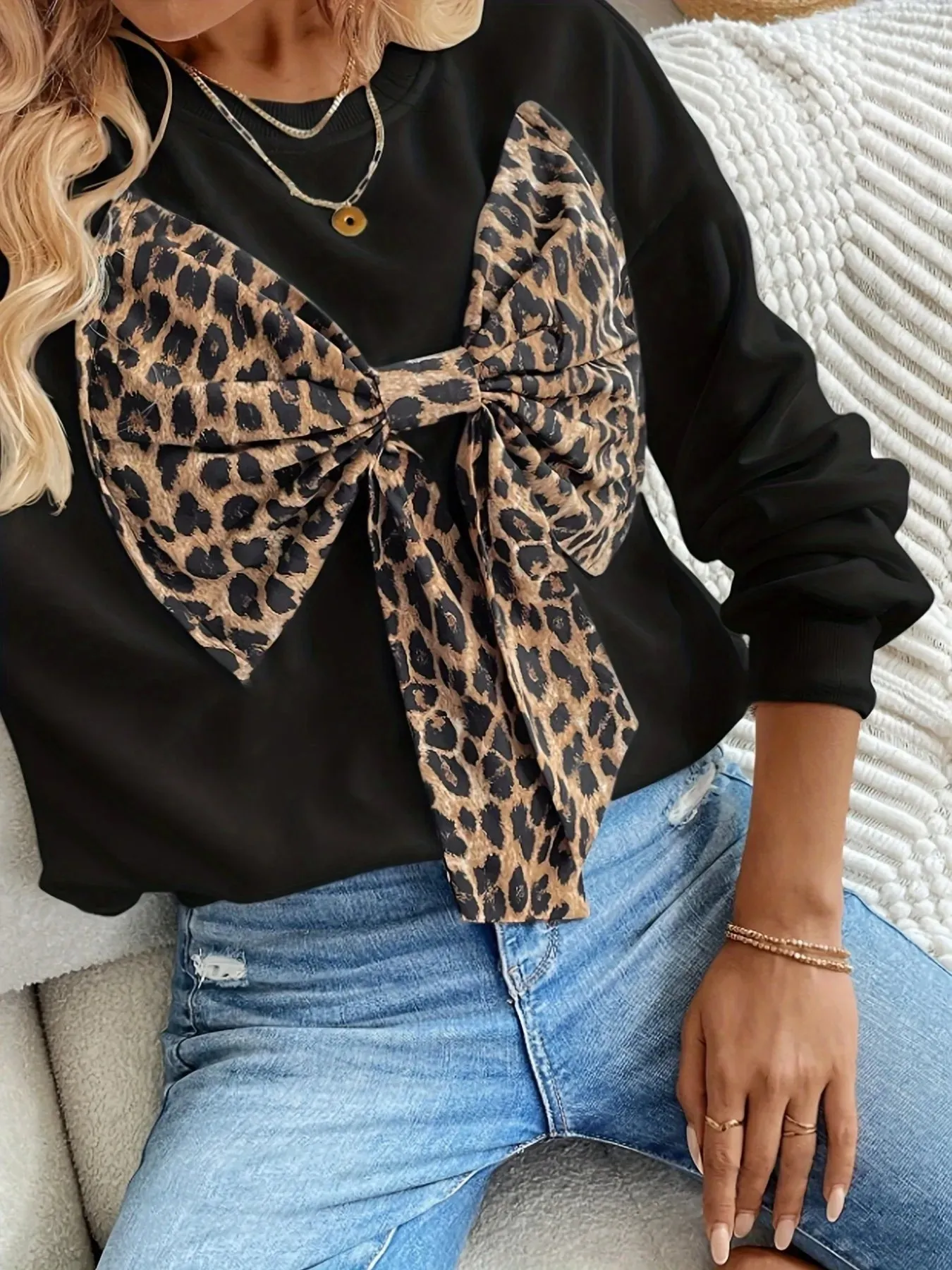 Leopard Bow Round Neck Sweatshirt sold by Charming Charlie product image thumbnail 2