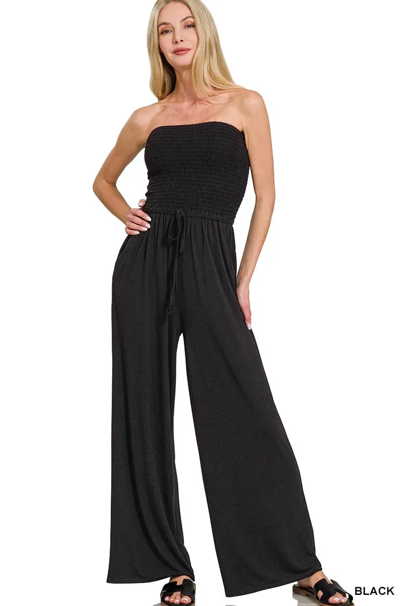 Zenana Strapless Wide Leg Smocked Jumpsuit sold by Charming Charlie