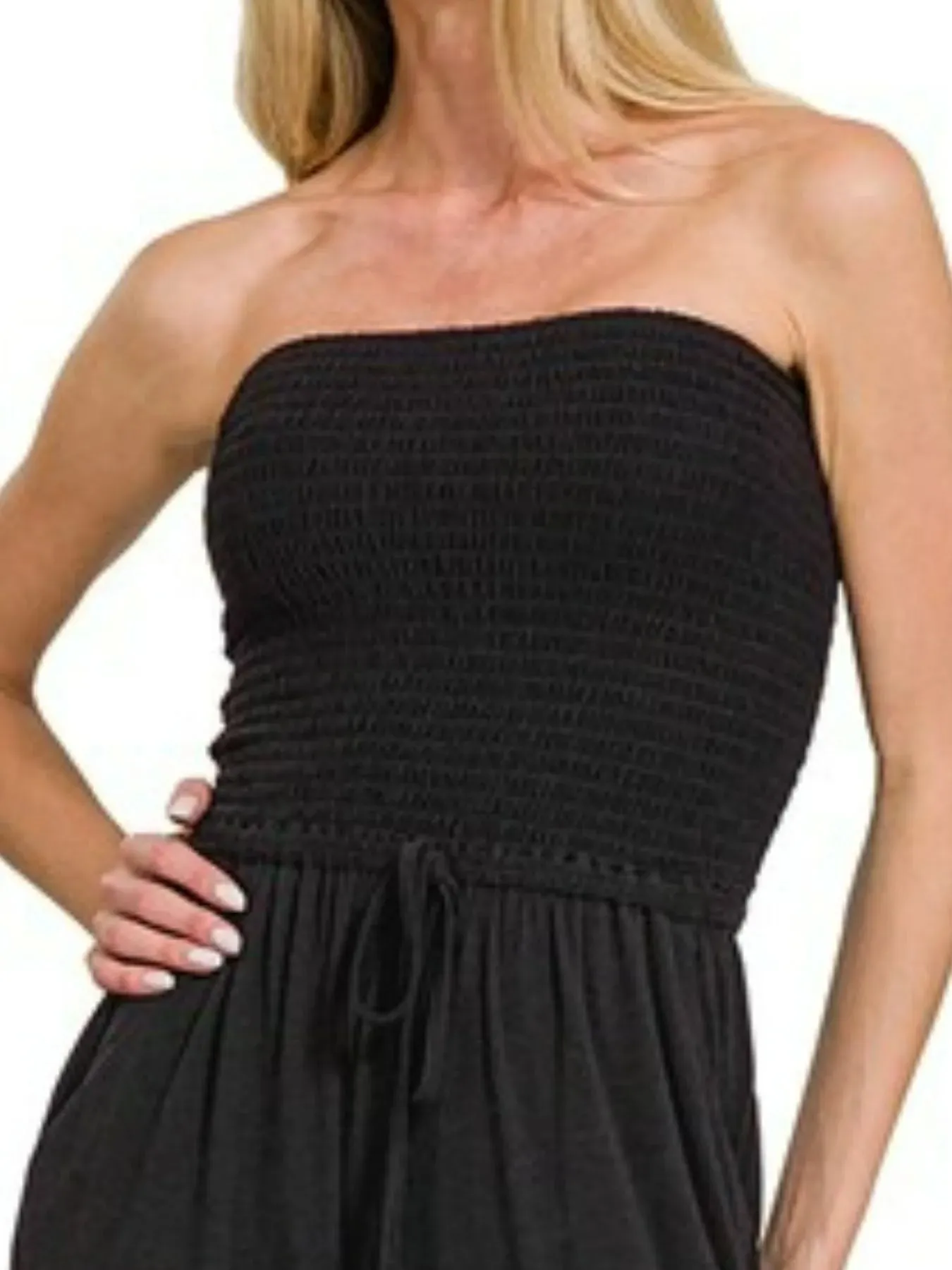 Zenana Strapless Wide Leg Smocked Jumpsuit sold by Charming Charlie product image thumbnail 3