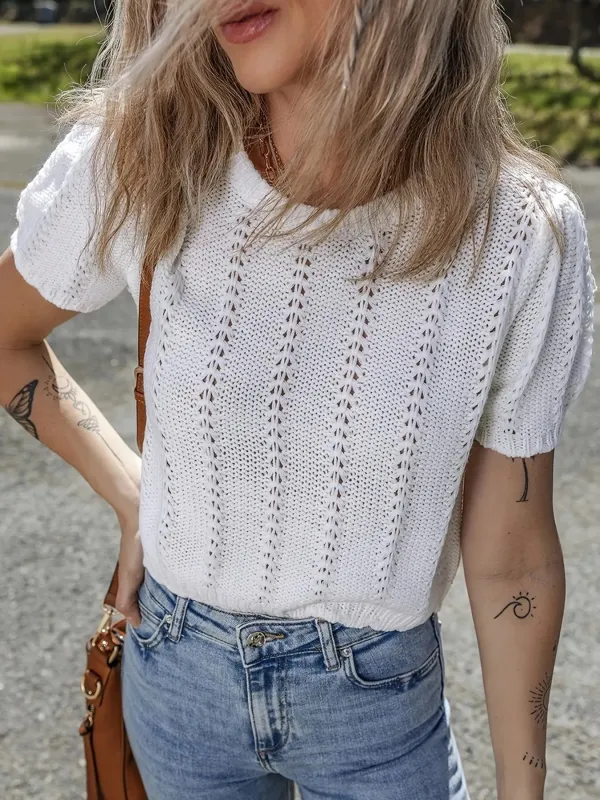 Openwork Round Neck Short Sleeve Sweater sold by Charming Charlie