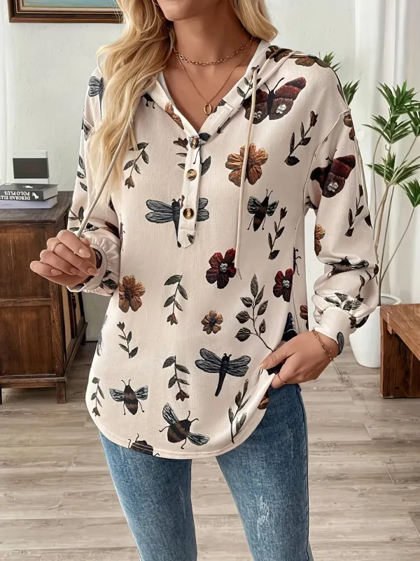 Drawstring Button Front Printed Hoodie sold by Charming Charlie