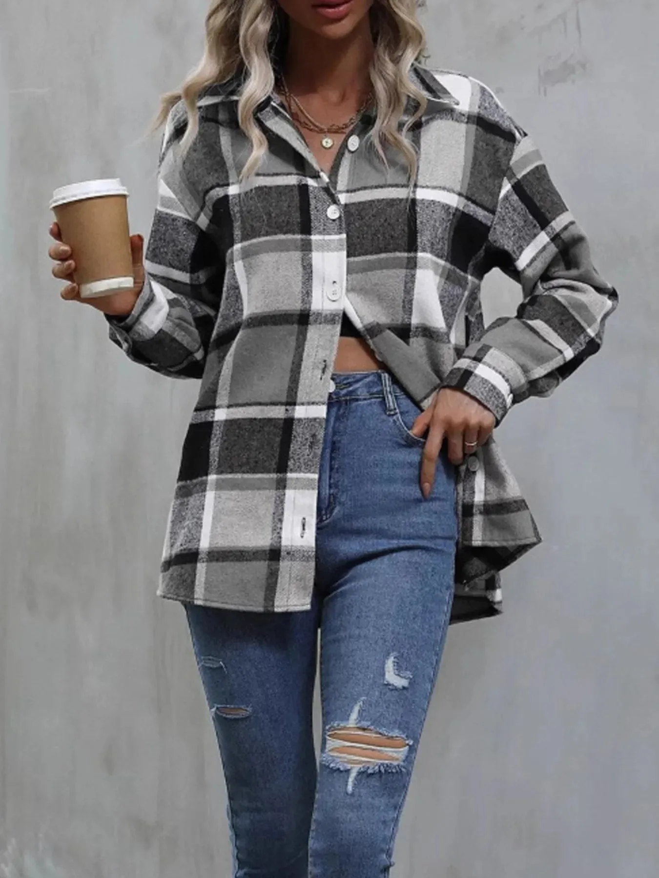 Plaid Flannel Button-Up Shacket sold by Charming Charlie product image thumbnail 5