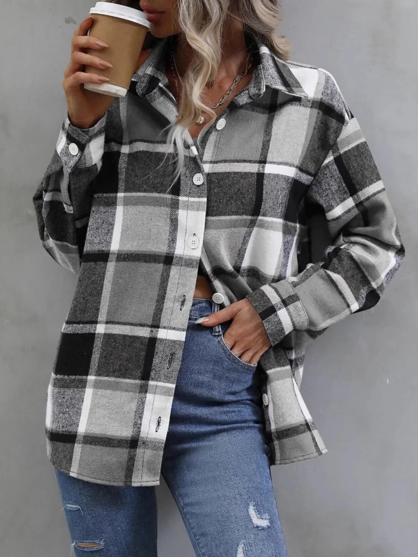 Plaid Flannel Button-Up Shacket sold by Charming Charlie