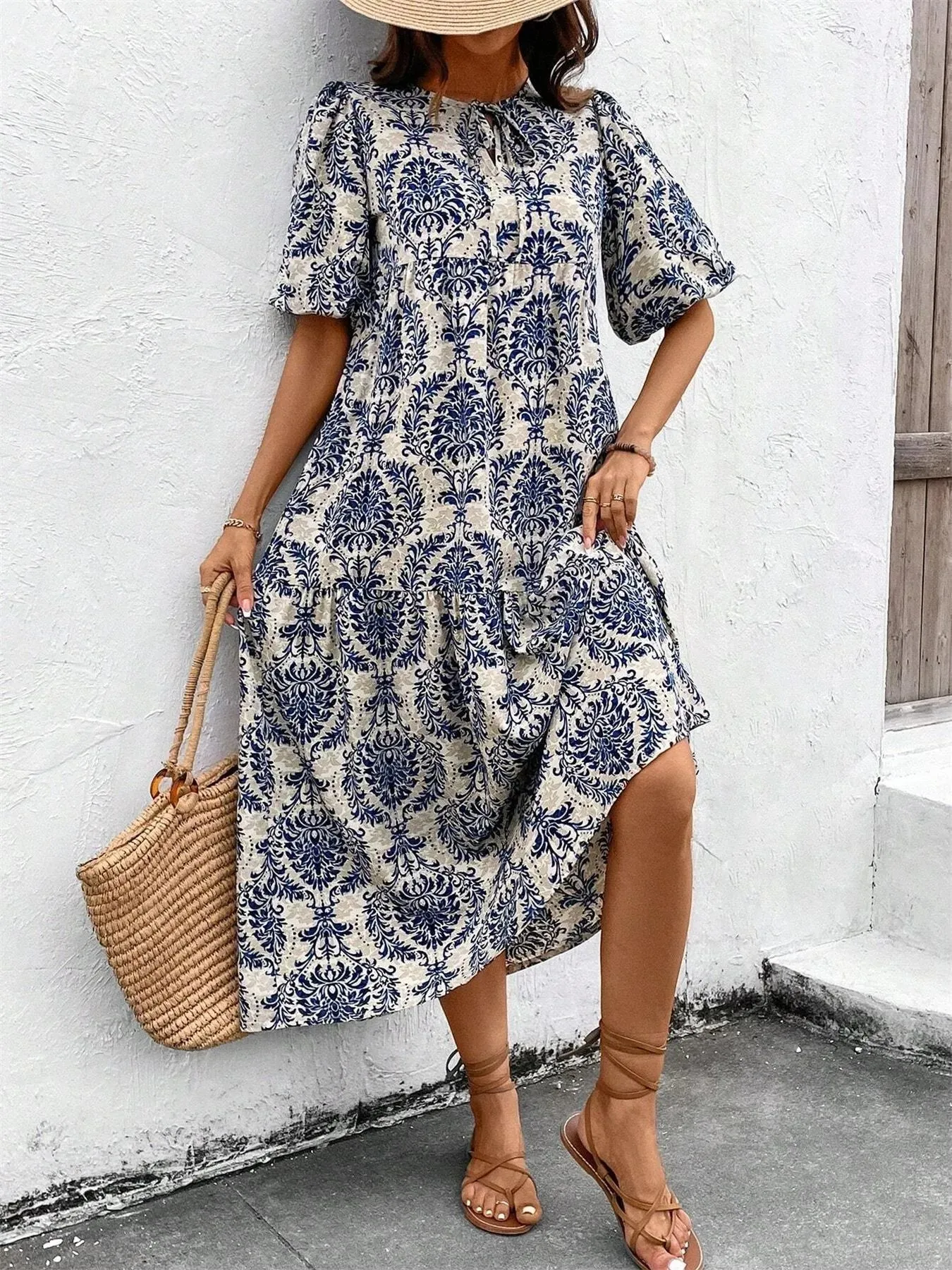 Printed Tie Front Puff Sleeve Mini Dress sold by Charming Charlie product image thumbnail 2