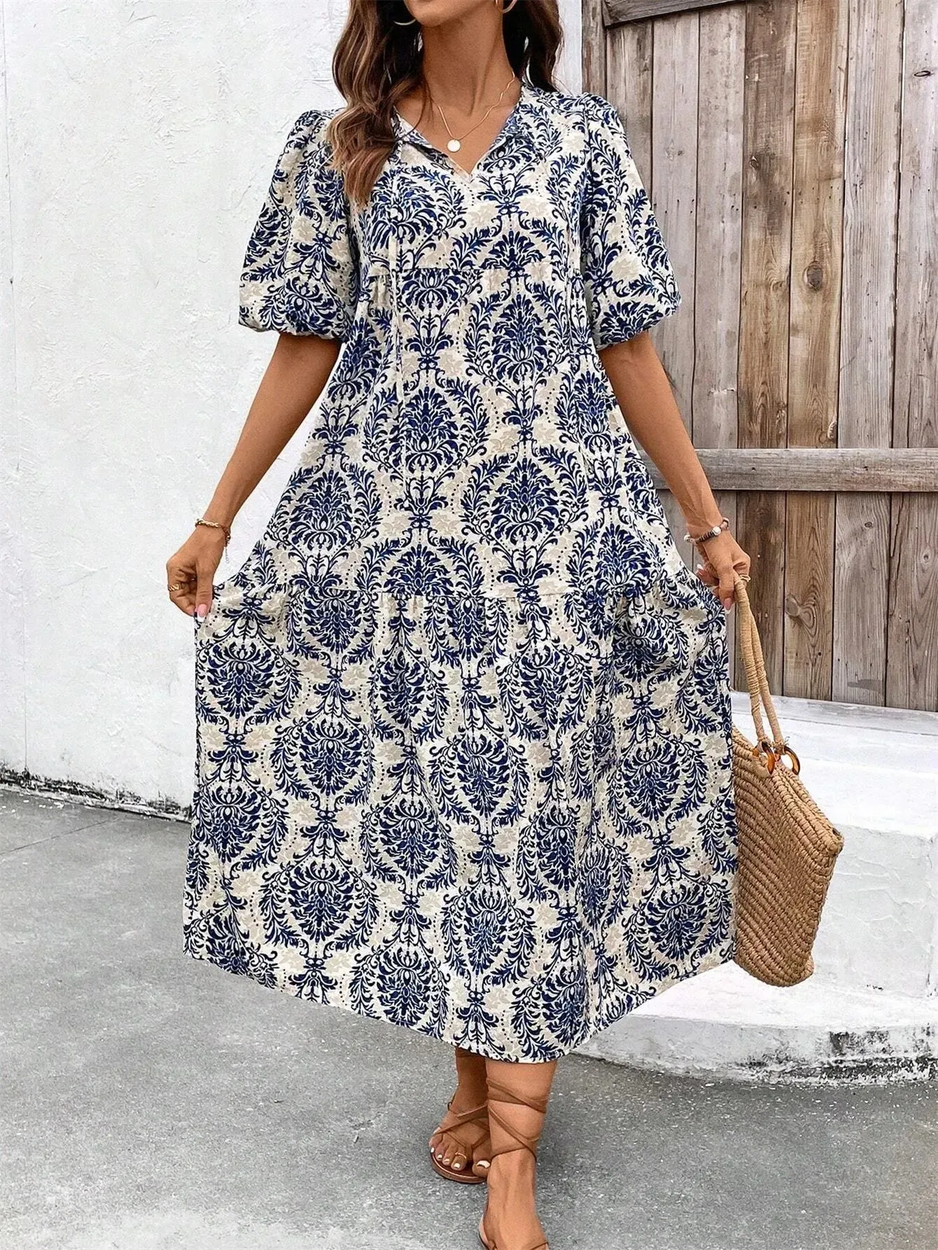 Printed Tie Front Puff Sleeve Mini Dress sold by Charming Charlie product image thumbnail 4