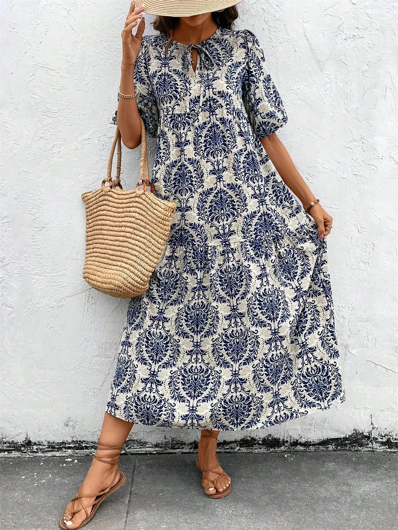 Printed Tie Front Puff Sleeve Mini Dress sold by Charming Charlie