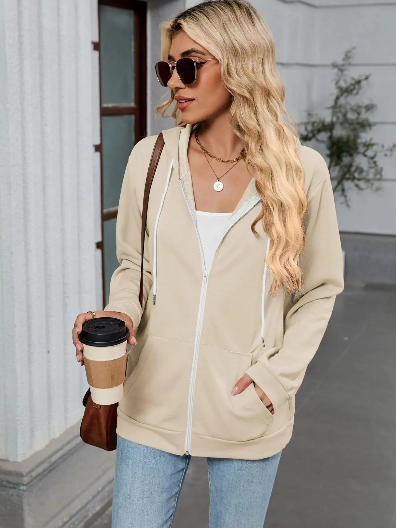 Drawstring Zip Up Long Sleeve Hoodie sold by Charming Charlie product image thumbnail 4