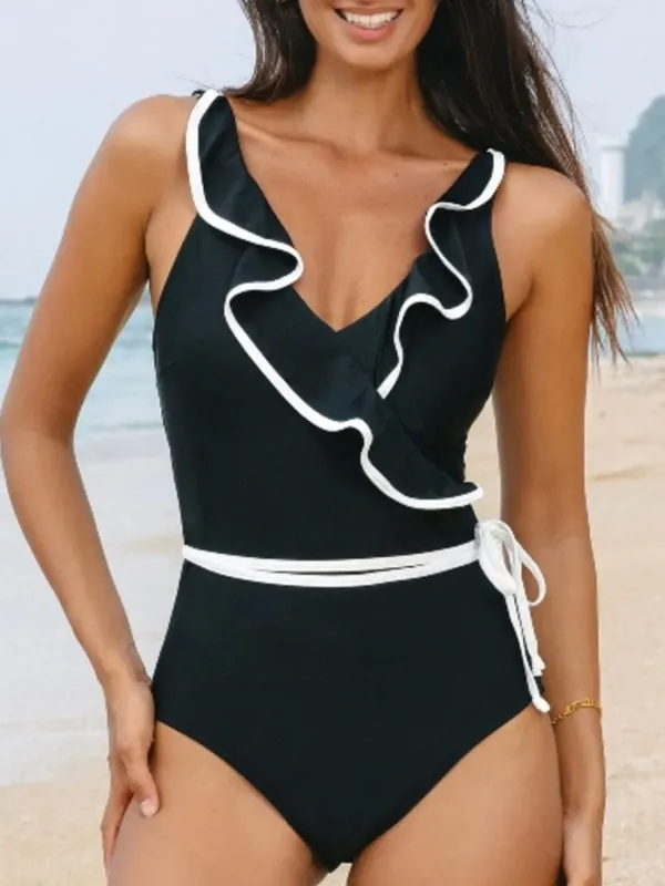 Ruffle Trim V-Neck One-Piece Swimsuit sold by Charming Charlie