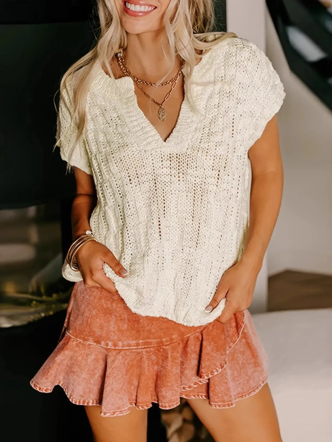 Notched Short Sleeve Sweater sold by Charming Charlie product image thumbnail 2