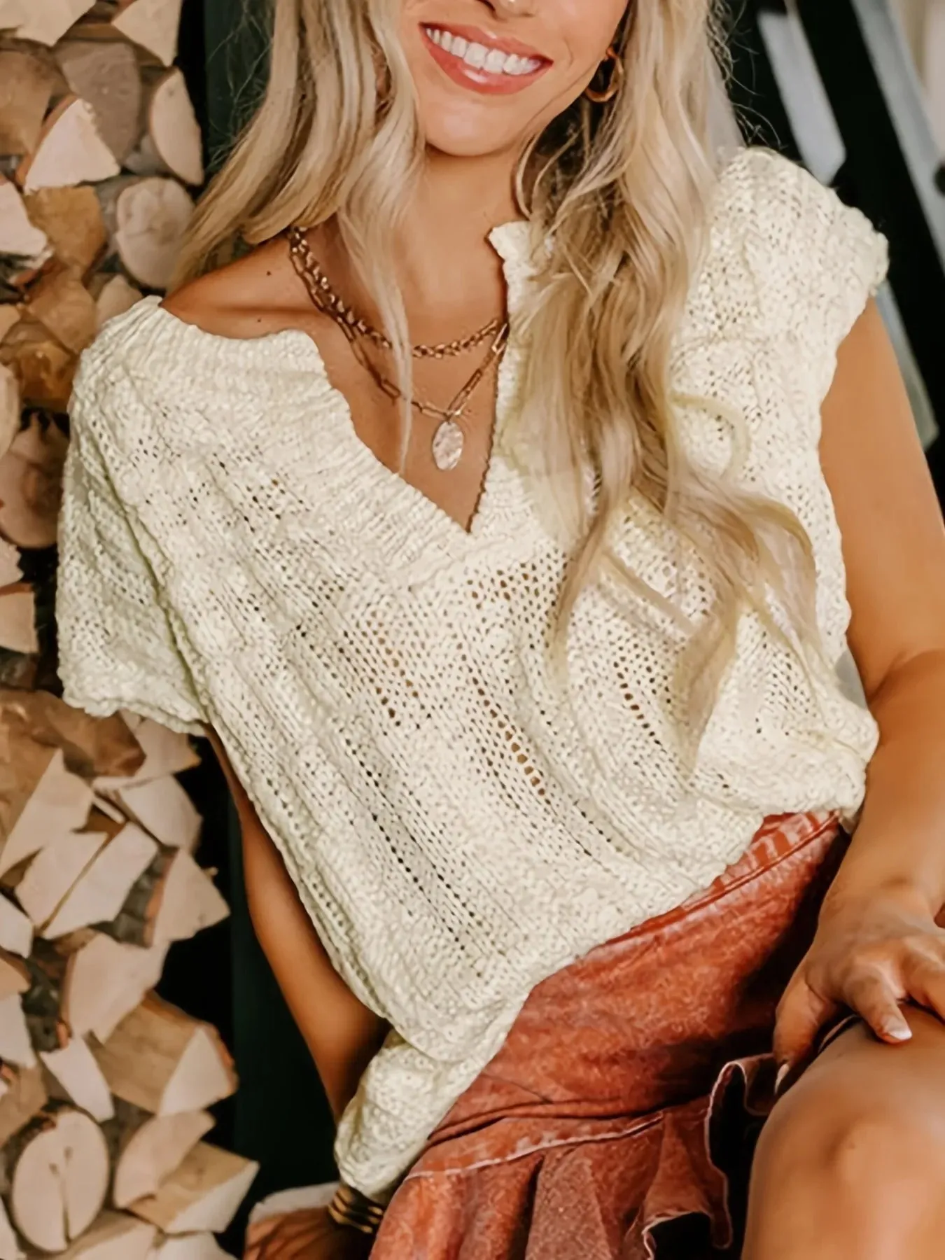 Notched Short Sleeve Sweater sold by Charming Charlie