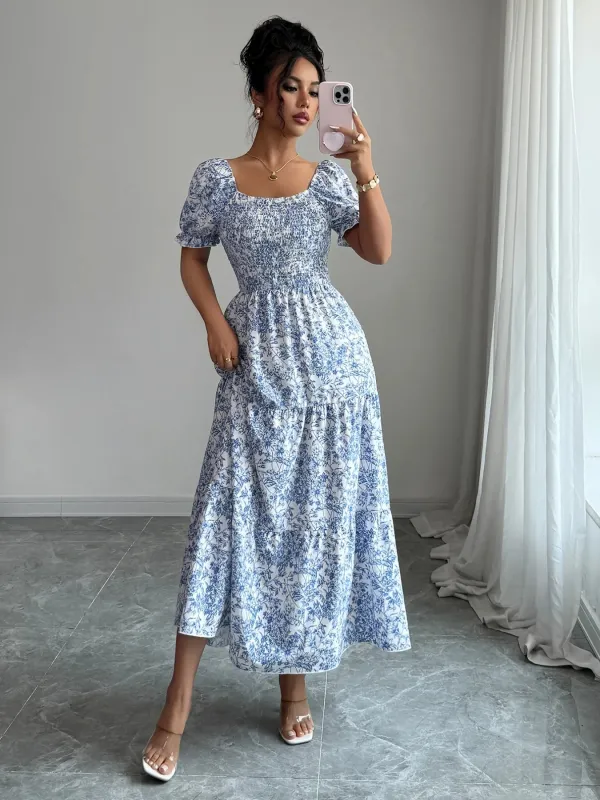 Smocked Printed Short Sleeve Dress sold by Charming Charlie