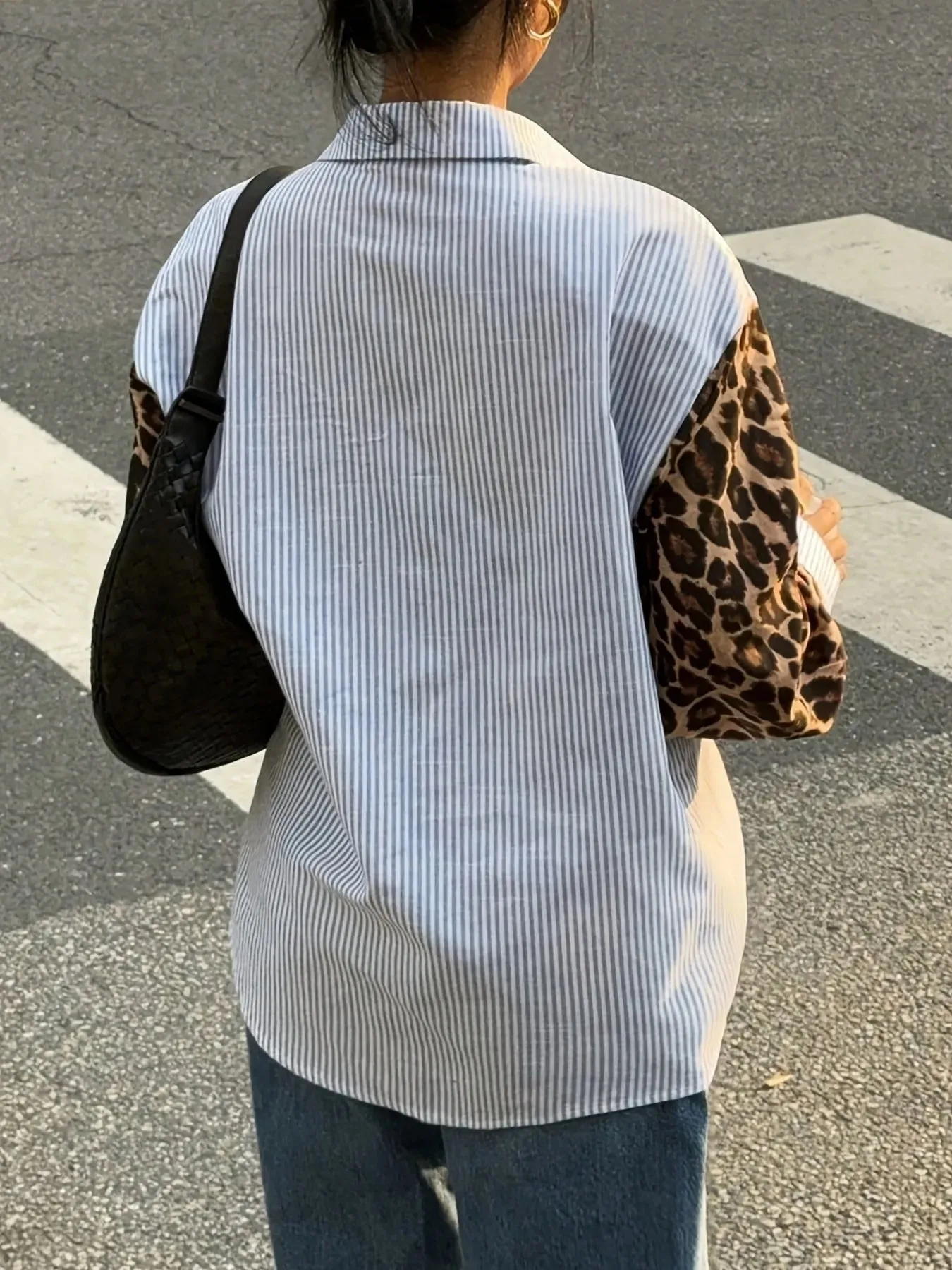 Leopard Print Sleeve Striped Button-Down Shirt sold by Charming Charlie product image thumbnail 4