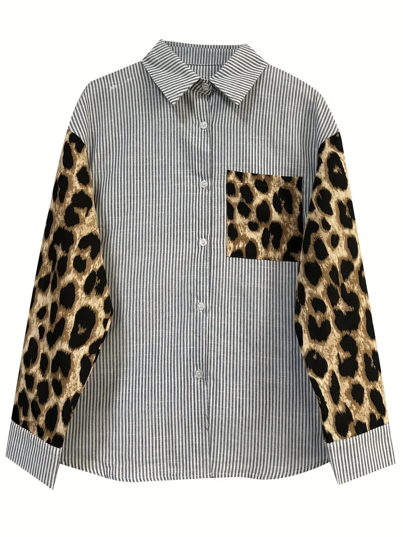 Leopard Print Sleeve Striped Button-Down Shirt sold by Charming Charlie product image thumbnail 5