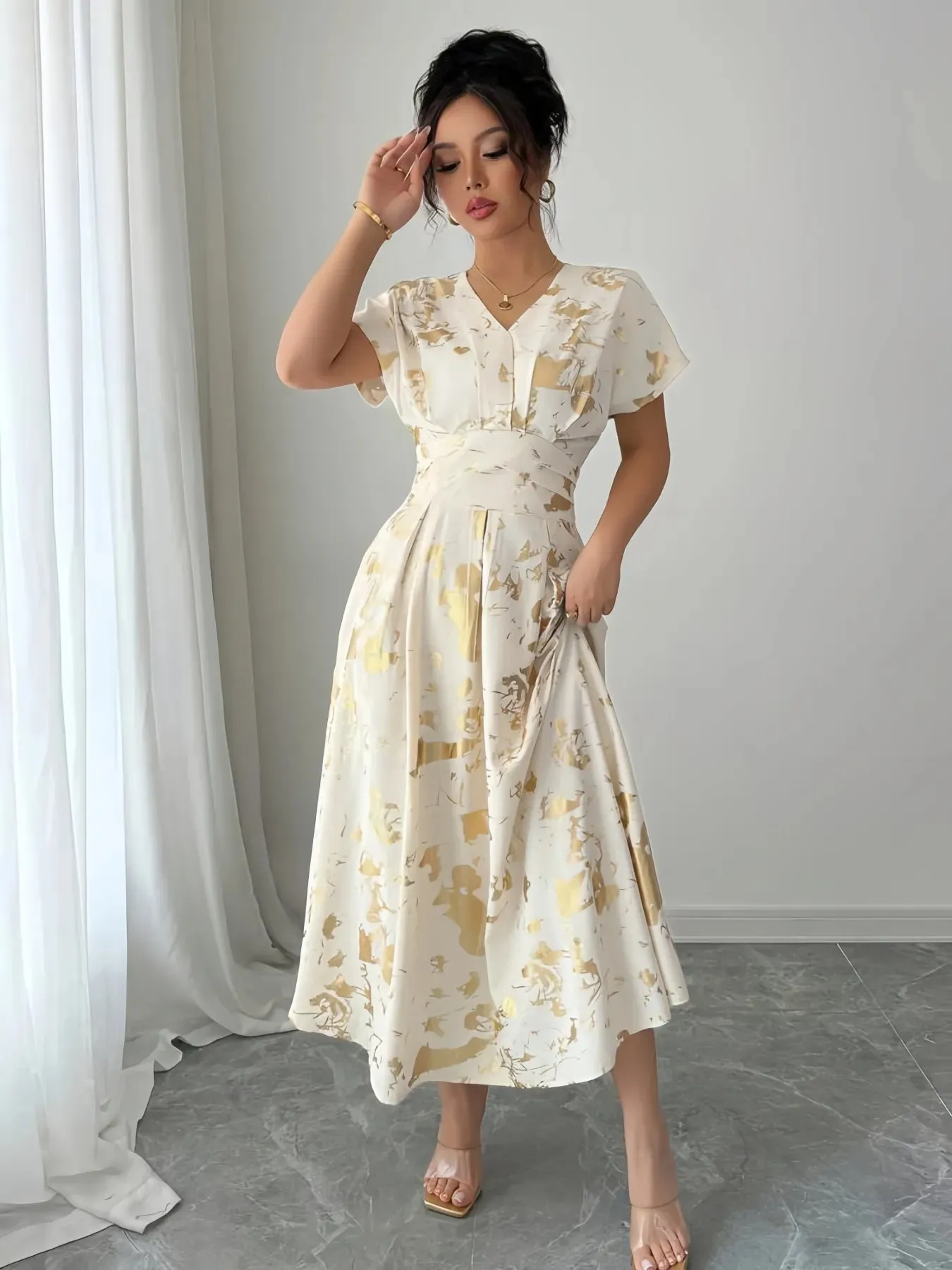 Printed V-Neck Short Sleeve Dress sold by Charming Charlie