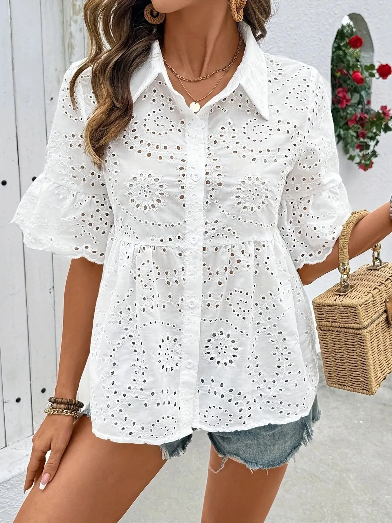 Eyelet Button Down Half Sleeve Shirt sold by Charming Charlie product image thumbnail 4