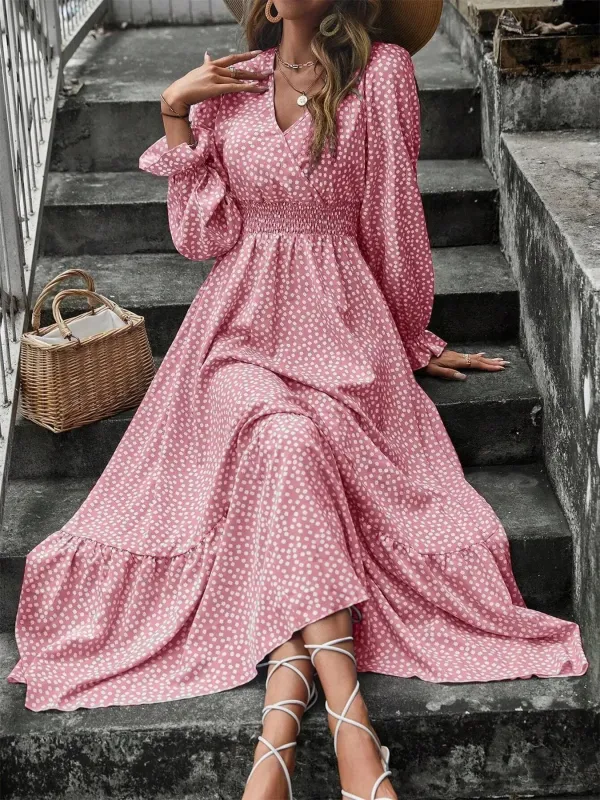 Smocked Waist Polka Dot Long Sleeve Maxi Dress sold by Charming Charlie
