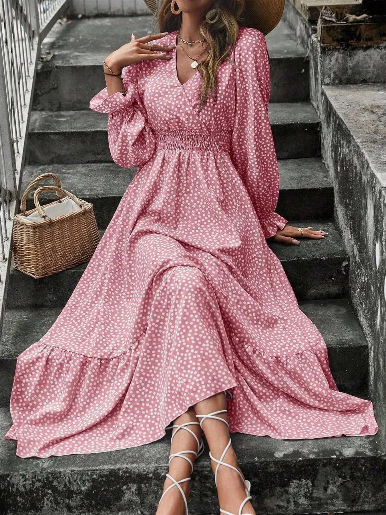 Smocked Waist Polka Dot Long Sleeve Maxi Dress sold by Charming Charlie