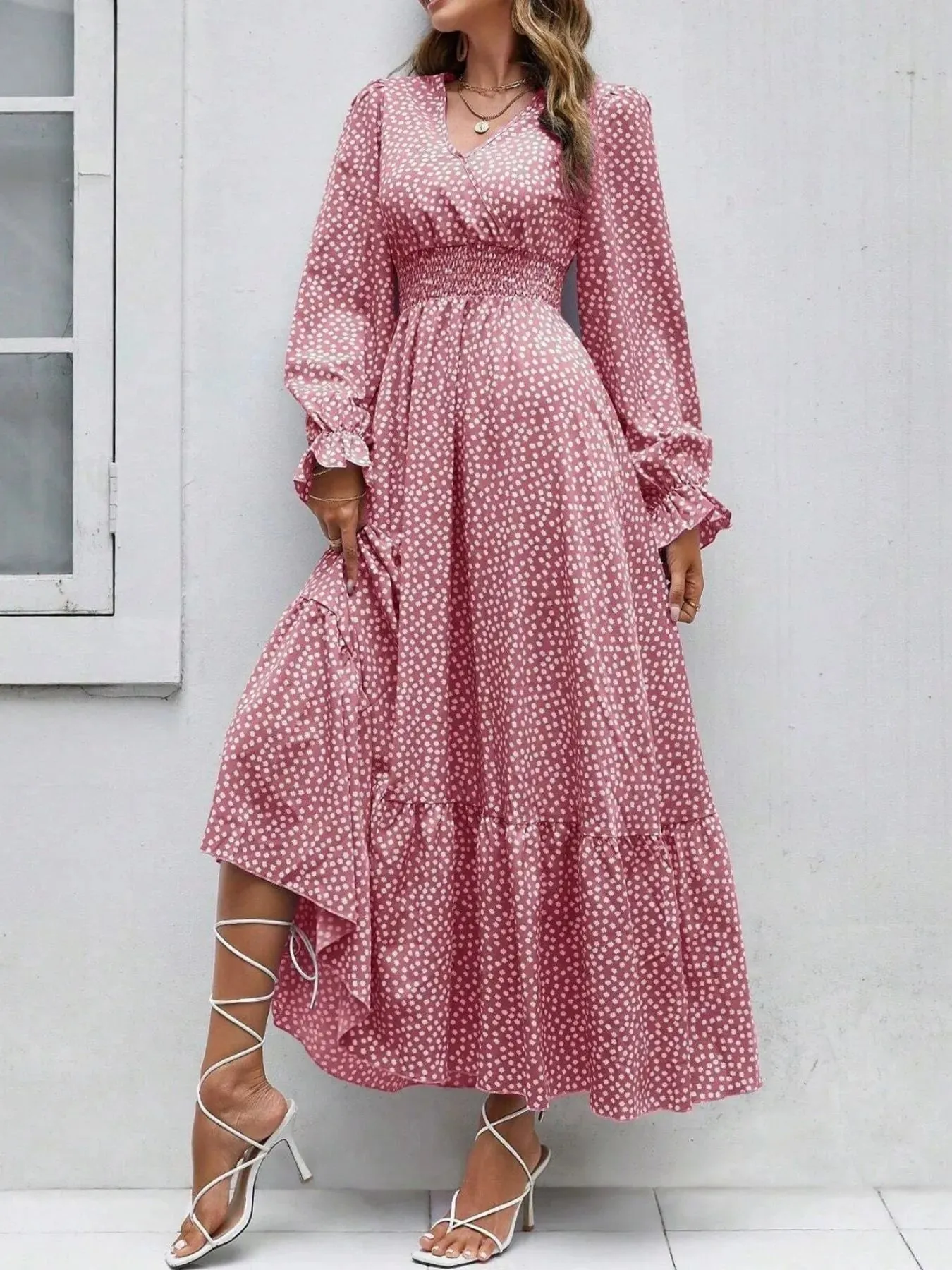 Smocked Waist Polka Dot Long Sleeve Maxi Dress sold by Charming Charlie product image thumbnail 3