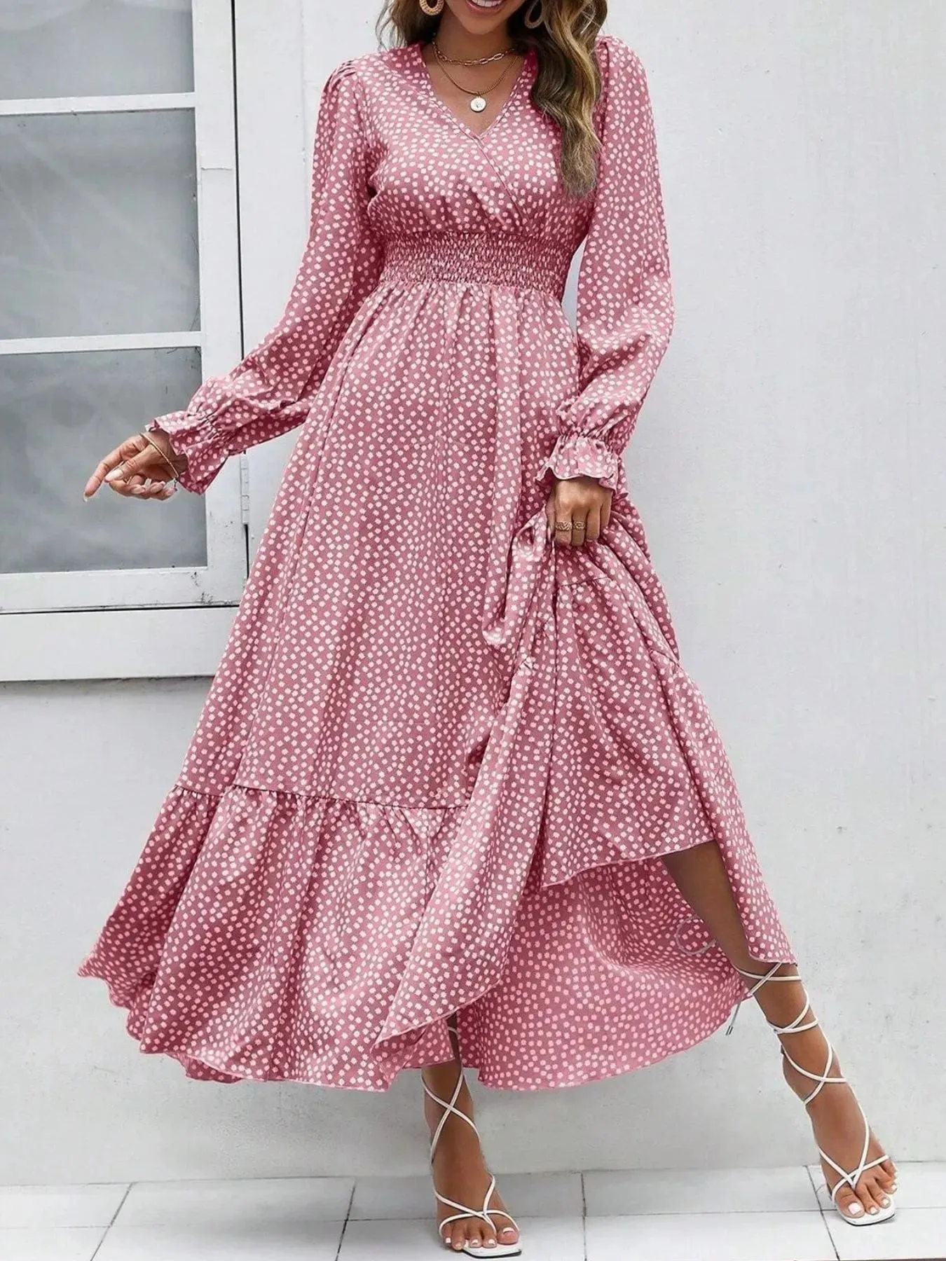 Smocked Waist Polka Dot Long Sleeve Maxi Dress sold by Charming Charlie product image thumbnail 4