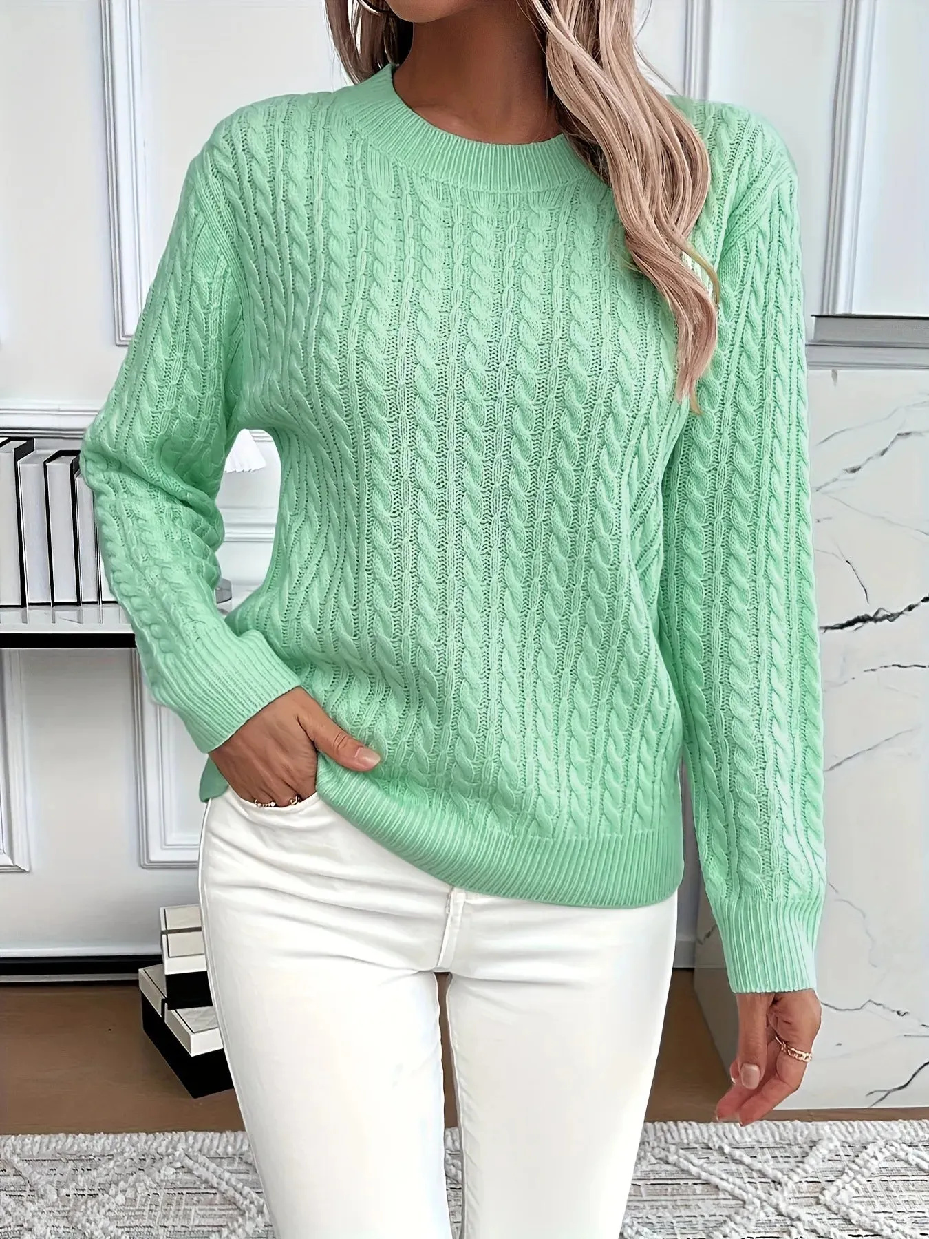 Cable Knit Round Neck Sweater sold by Charming Charlie