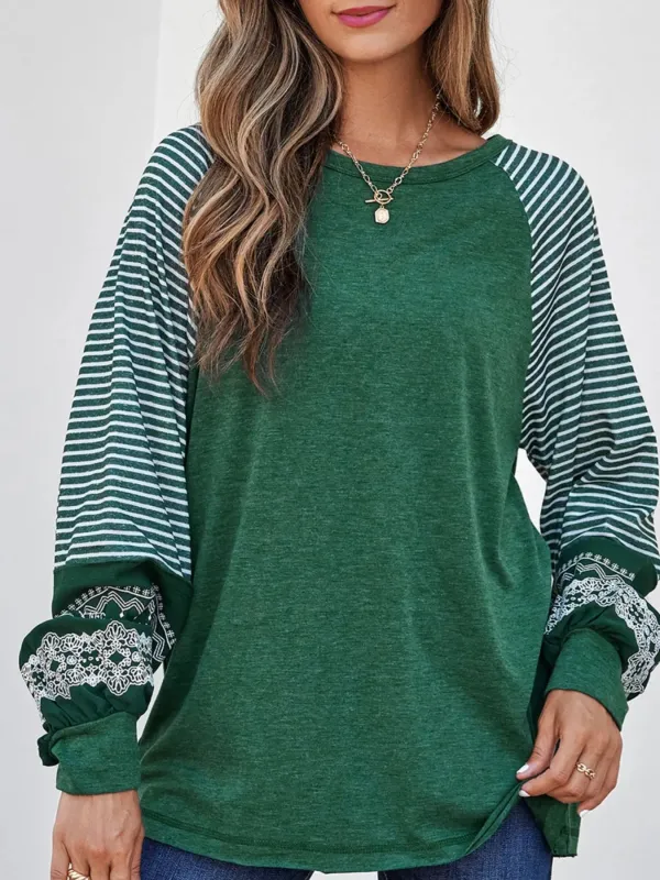 Contrast Print Striped Raglan Long Sleeve Loose Top sold by Charming Charlie