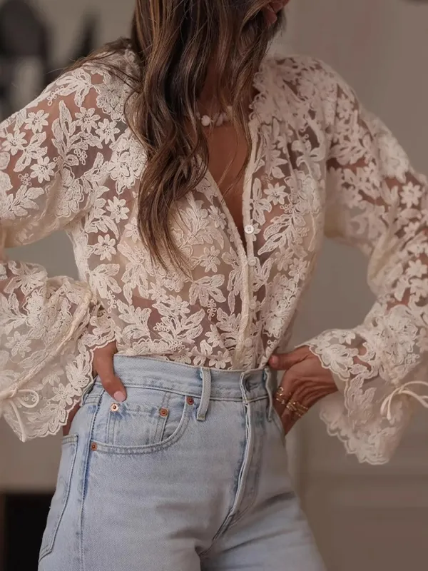 Lace Button Up Long Sleeve Shirt sold by Charming Charlie