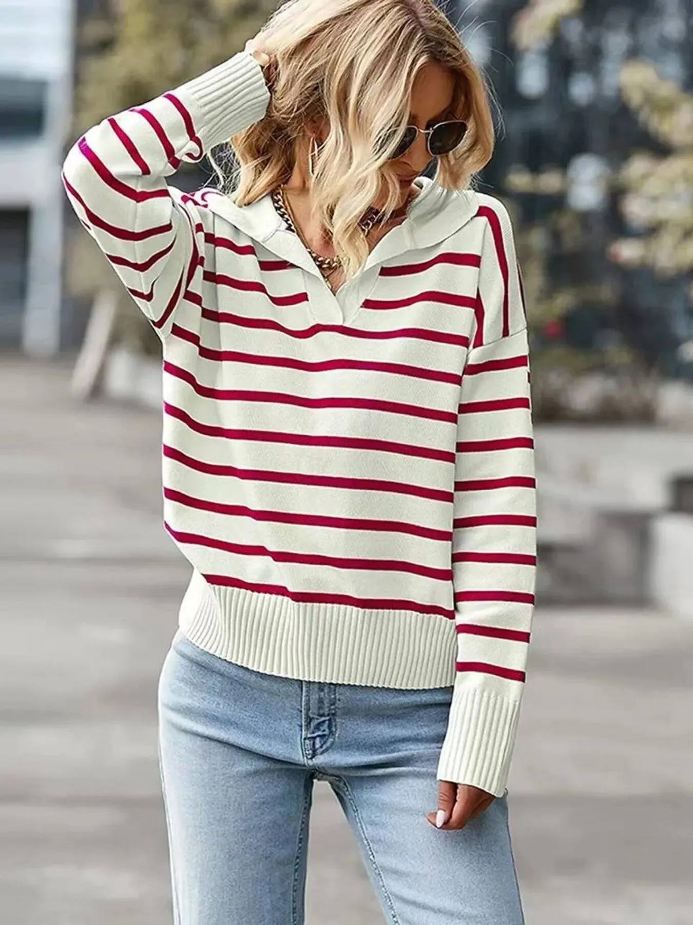 Ribbed Hem Long Sleeve Striped Sweater sold by Charming Charlie product image thumbnail 3