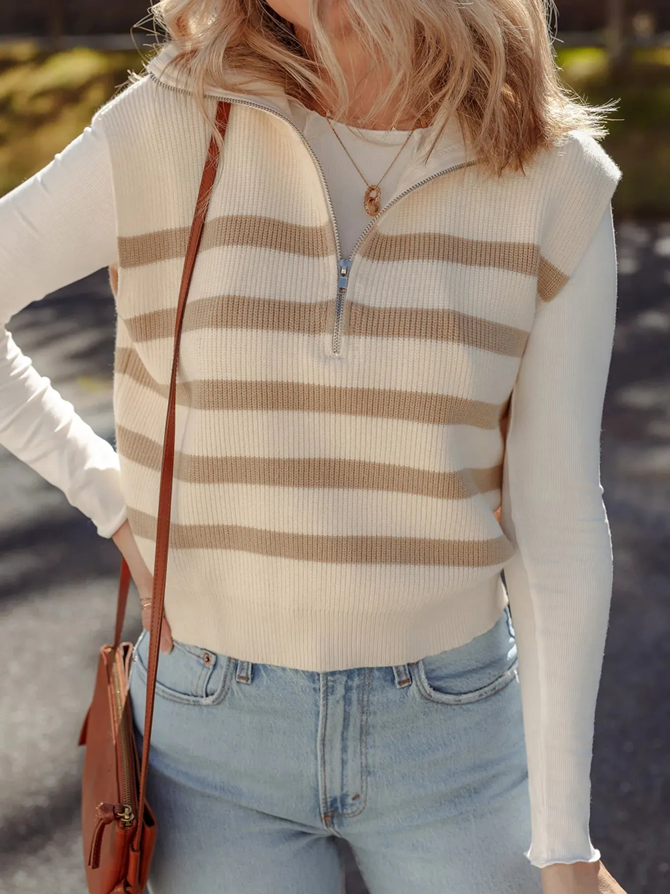 Striped Half-Zip Ribbed Knit Sweater Vest sold by Charming Charlie product image thumbnail 3