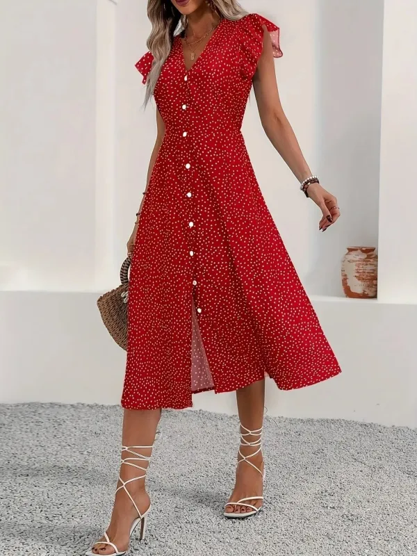 Button-Front Midi Dress with Ruffle Sleeves made by Trendsi