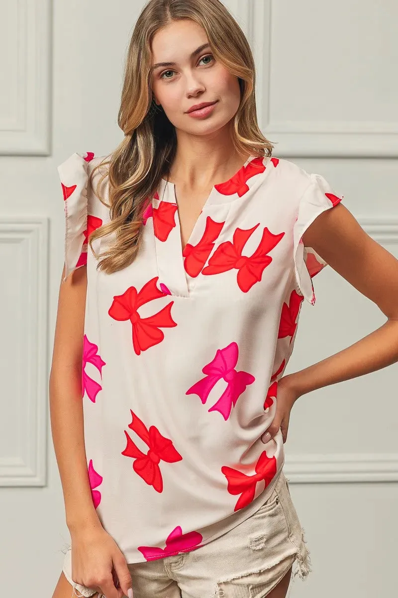 BiBi Bow Printed Woven Ruffled Sleeves V Neck Top sold by Charming Charlie product image thumbnail 4