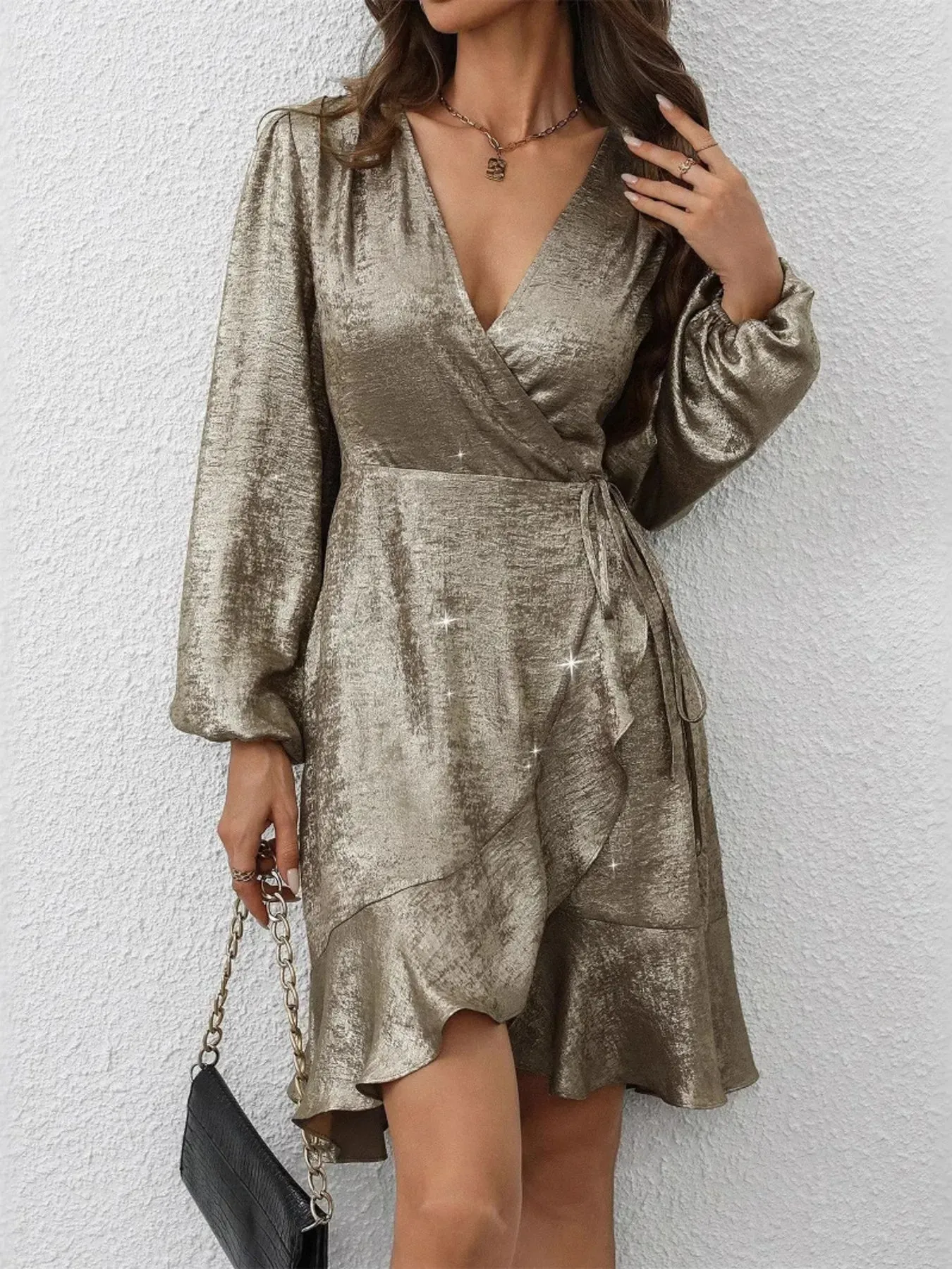 Ruffled Hem Surplice Long Sleeve Dress sold by Charming Charlie product image thumbnail 5