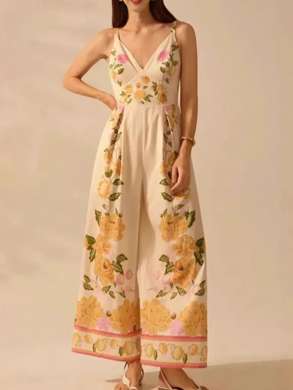 Floral Print Wide-Leg V-Neck Cami Jumpsuit sold by Charming Charlie