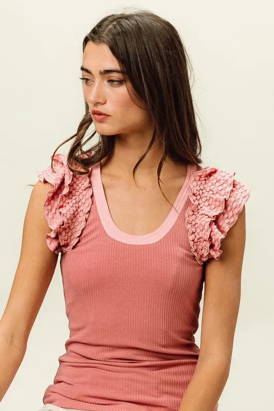 BiBi Rib Knit With Textured Ruffled Top sold by Charming Charlie