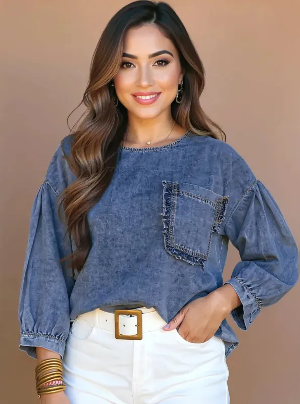3/4 Sleeve Ruffled Patched Pocket Denim Blouse sold by Charming Charlie