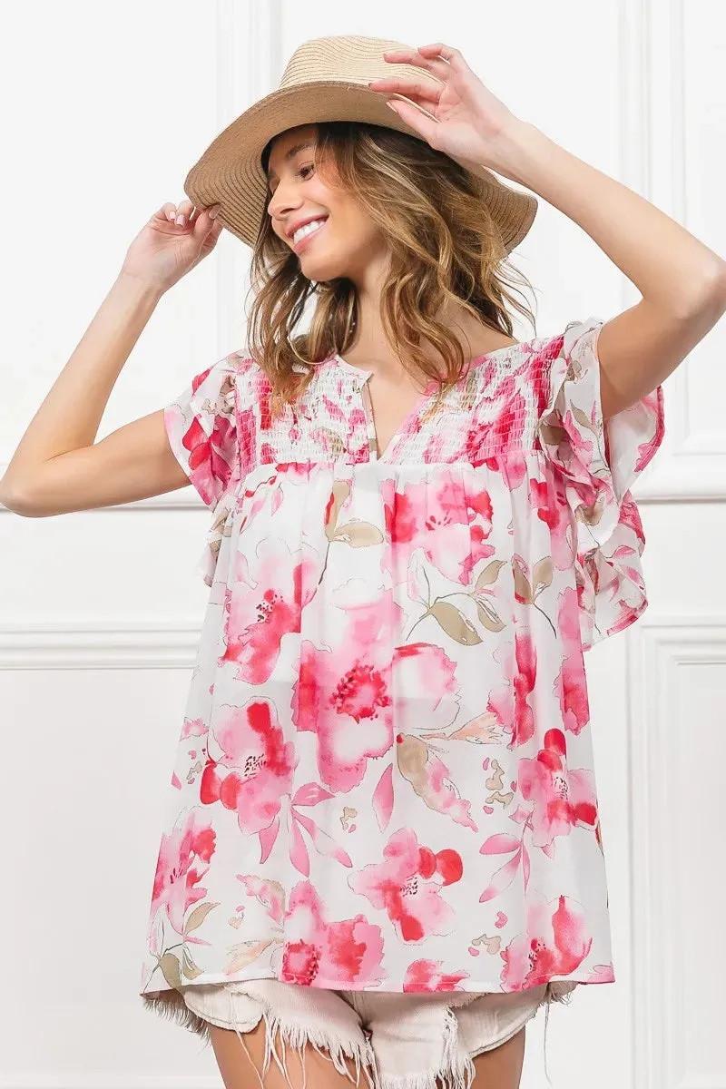 BiBi Floral Print Flutter Sheer Top sold by Charming Charlie