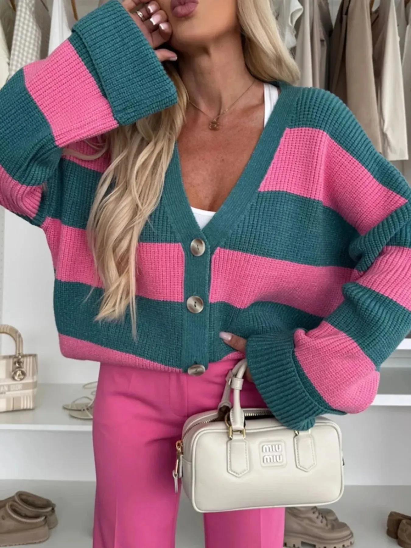 Color Block Striped V-Neck Button Front Cardigan sold by Charming Charlie